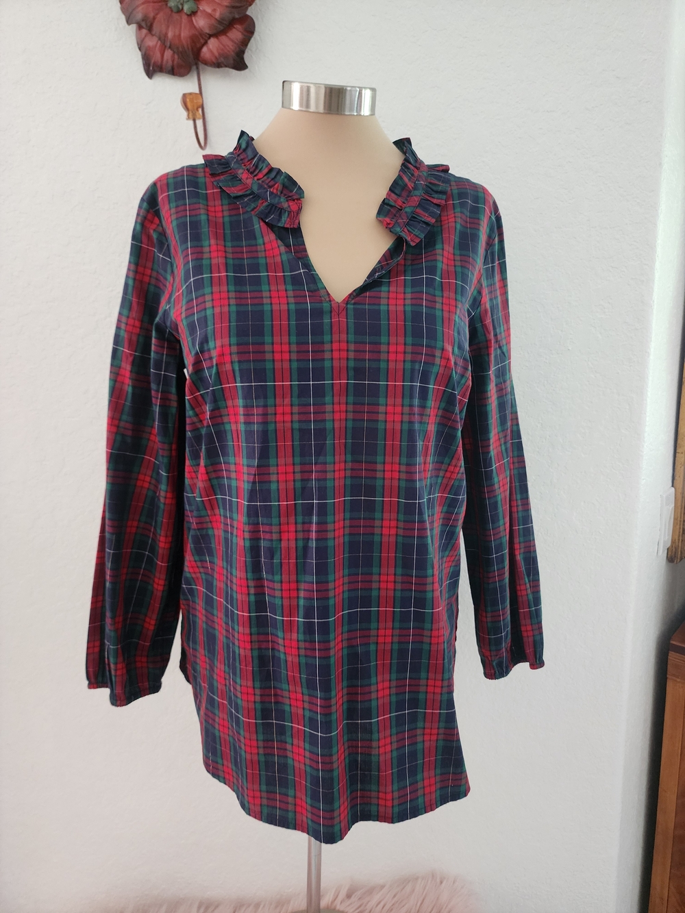 TALBOTS | Plaid Ruffle V-Neck Tunic - Red & Green